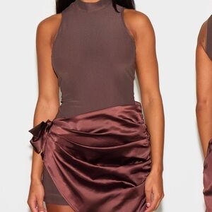 PrettyLittleThing Brown Satin Dress